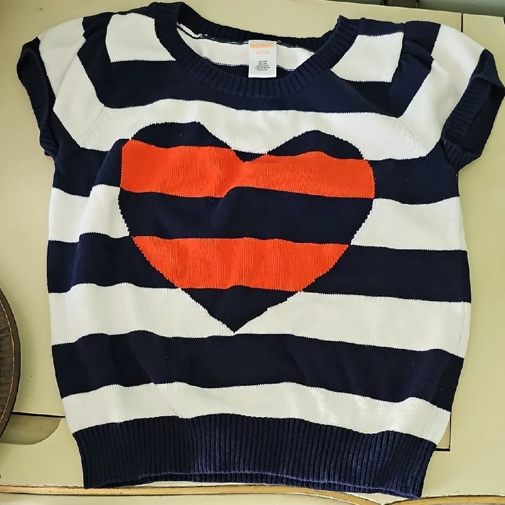 VINTAGE Gymboree Striped Sweater Navy Orange Vibrant Heart Girls Size 7-8